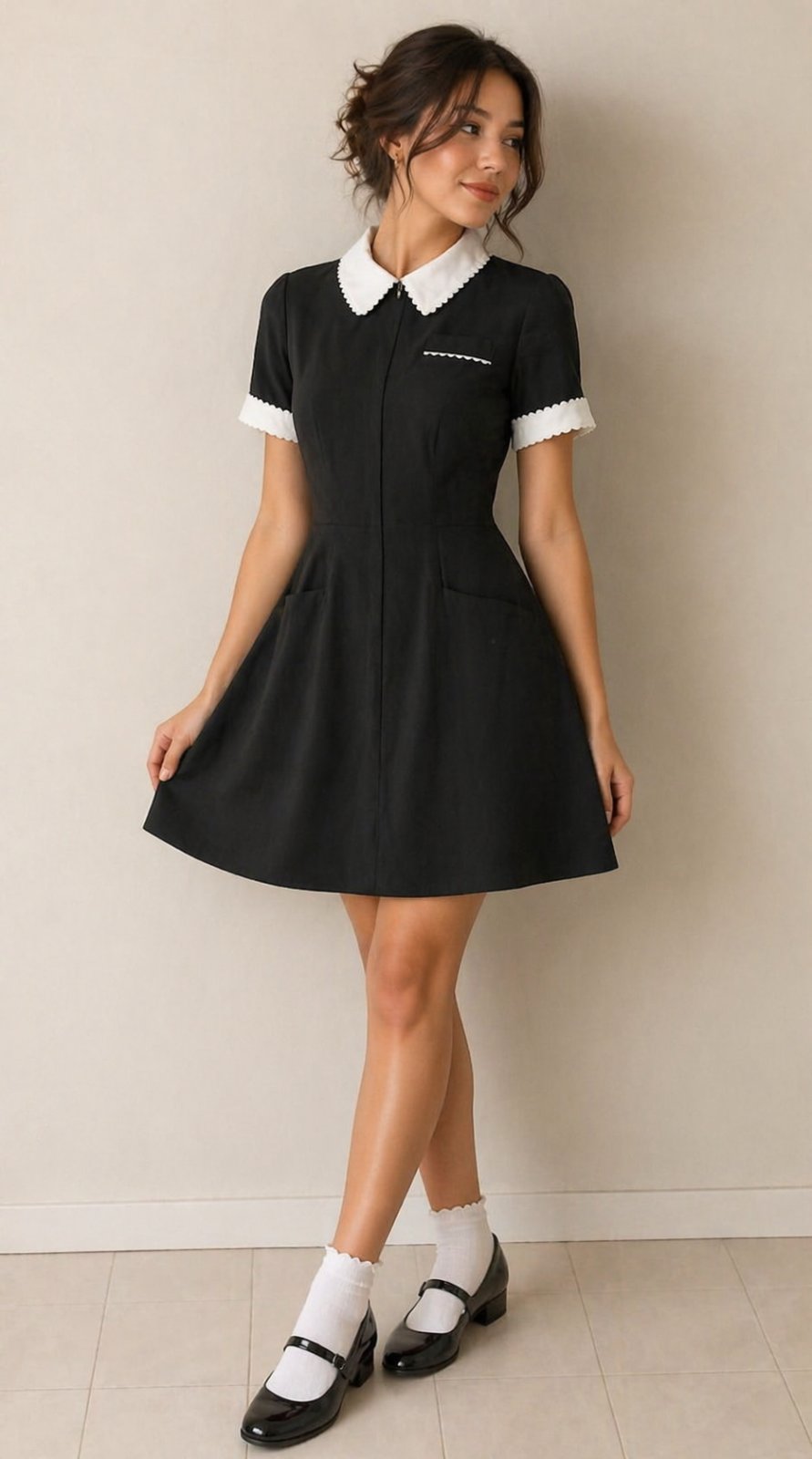 Robe noire élégante à col blanc – style vintage chic