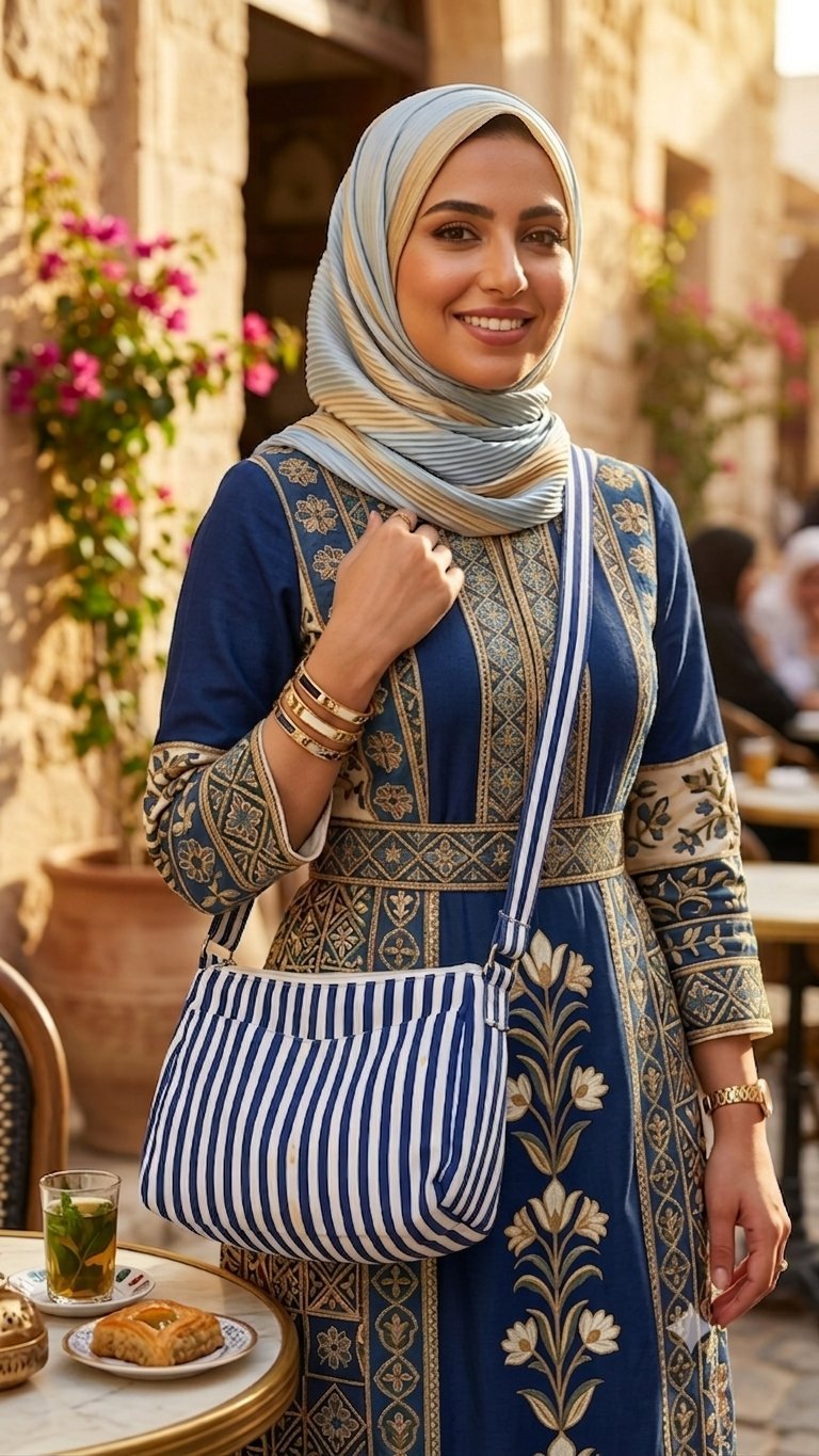 Sac bandoulière en toile à rayures bleu et blanc