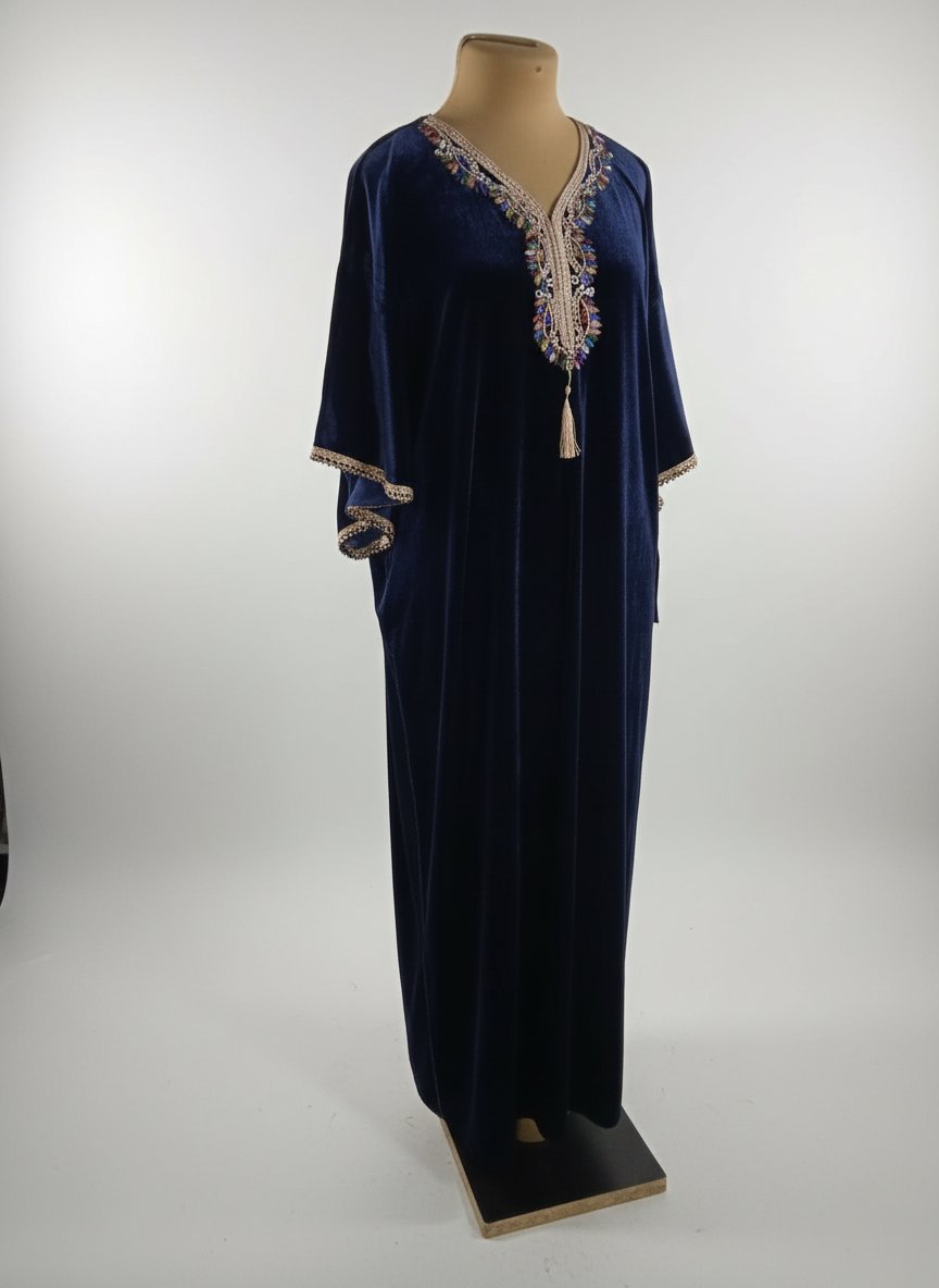 Jobba velour style Koftan marrocain bleu marine avec cristaux Neuf taille standard de 38 jusqu'à 46