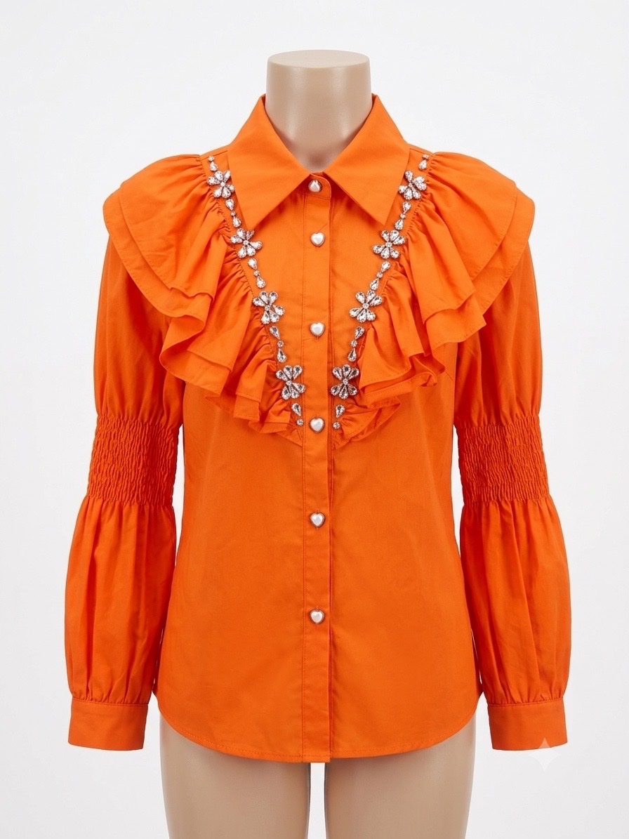 Chemise Orange Éclatante à Volants et Strass