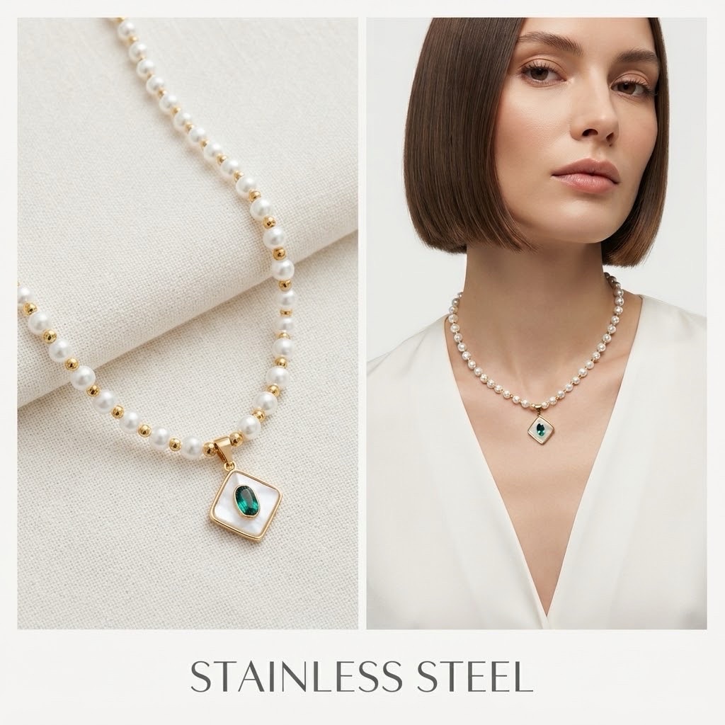 Collier de Perles et Pendentif Losange Émeraude