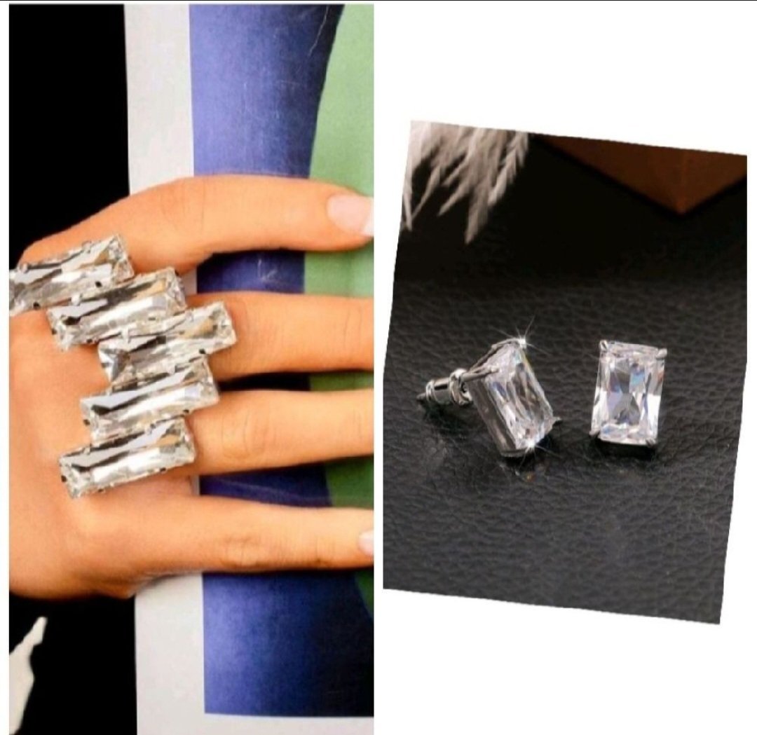 Subliiiiime❤️❤️❤️❤️❤️❤️ lot de 2 pièces boucles d oreilles et grande bague réglable avec des cristaux rectangulaire argentés neuf
