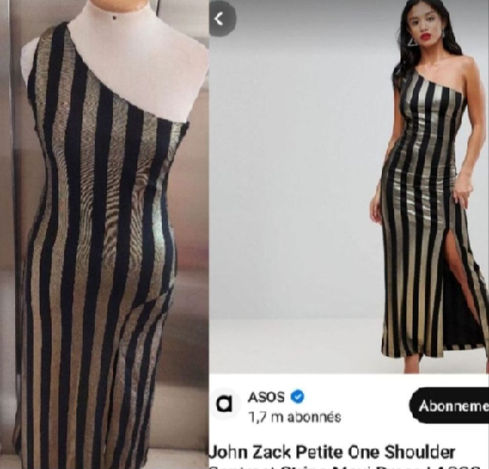 Subliiiiime ❤️ ❤️ ❤️ robe chic one shoulder à rayures noire et doré avec fente sur le côté chic de JOHN ZACK taille 42