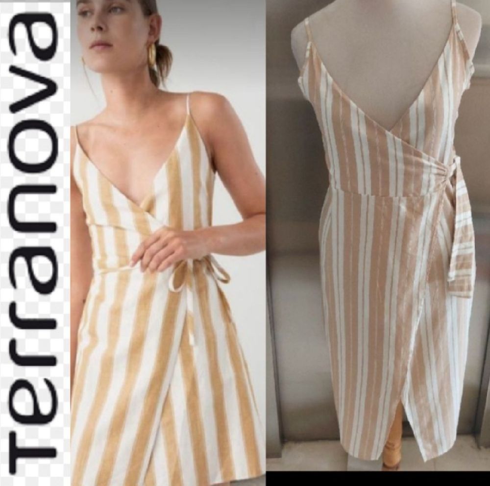 Subliiiiime ❤️ ❤️ ❤️ robe portefeuille de TERRANOVA mi-longue à rayures tissu 30%cotton 24%lin et 46% viscose taille 38