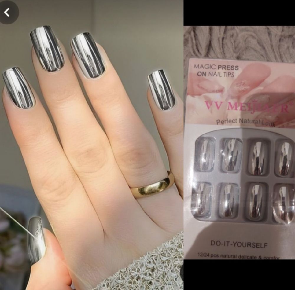 Subliiiiime ❤️ ❤️ ❤️24 pièces faux ongles mains ✋️ argent métallique miroitès avec patch et lime à ongle neuf 