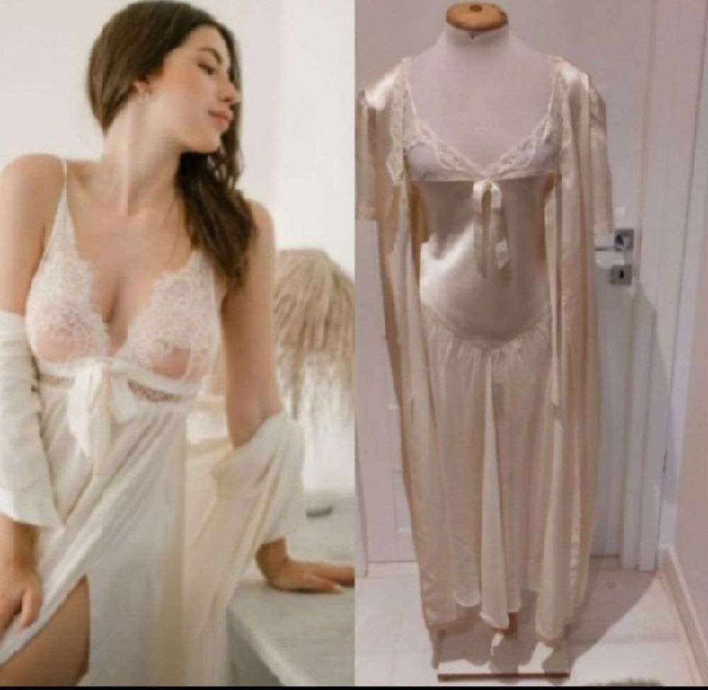 Subliiiiime ❤️ ❤️ ❤️ ❤️ parure luxe 100% soie et dentelles lingerie chemise de nuit et robe de chambre de la marque VININE taille 38 importé d italy neuuuf 