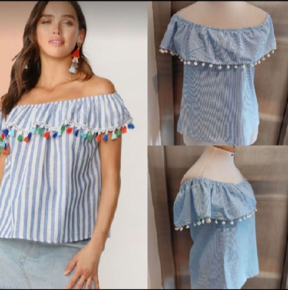 Subliiiiime ❤️ ❤️ ❤️ pull 100% cotton off shoulder à rayures fines avec des pompons blancs taille 38