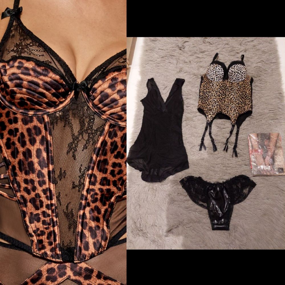 LINGERIE❤️❤️❤️ Corset porte jarretelles léopard 🐆 85C ❤️body en mousseline noir ❤️ slip similicuir ❤️collant sexy s/m