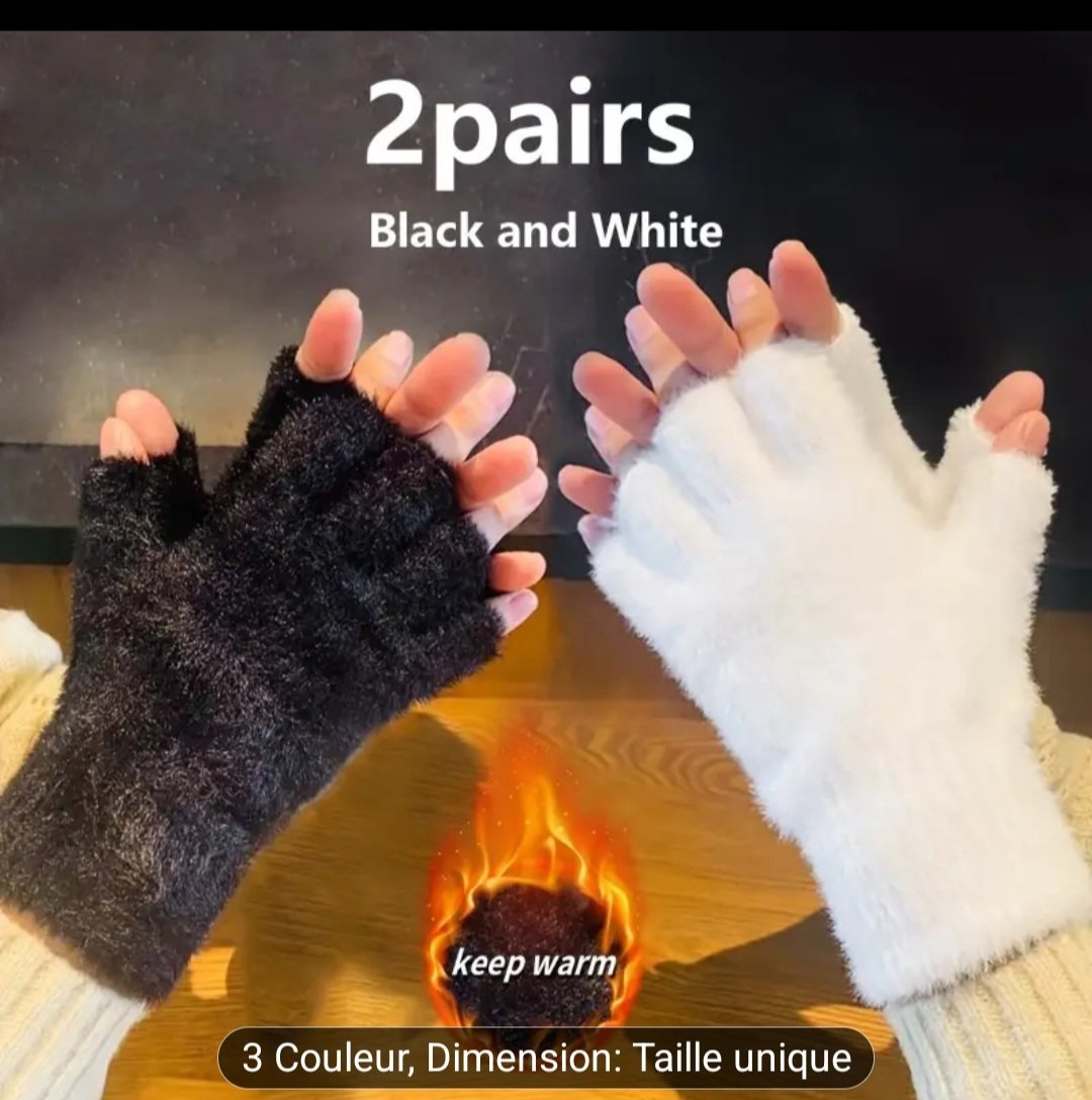 Subliiiiime ❤️❤️❤️❤️❤️ 2 paires de gants demi doigts thermique chaude taille unique blanc et noir neuuuf