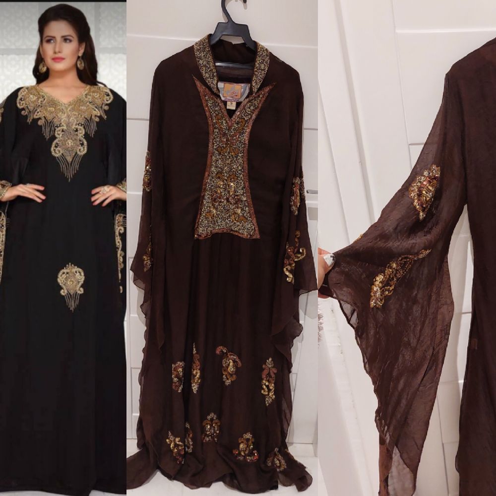 Subliiiiime ❤️ ❤️ ❤️ caftan avec doublure marron à sequins doré avec bonnet manche en éventail صنع سورية taille 36