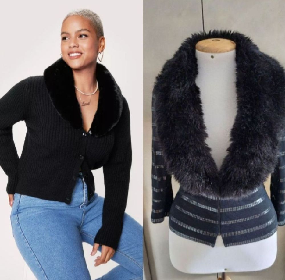 Subliiiiime ❤️ ❤️ pull col large fausse fourrure à rayures brillants et fermeture éclaire devant manche 3/4 chic taille 40 de la marque JIKI