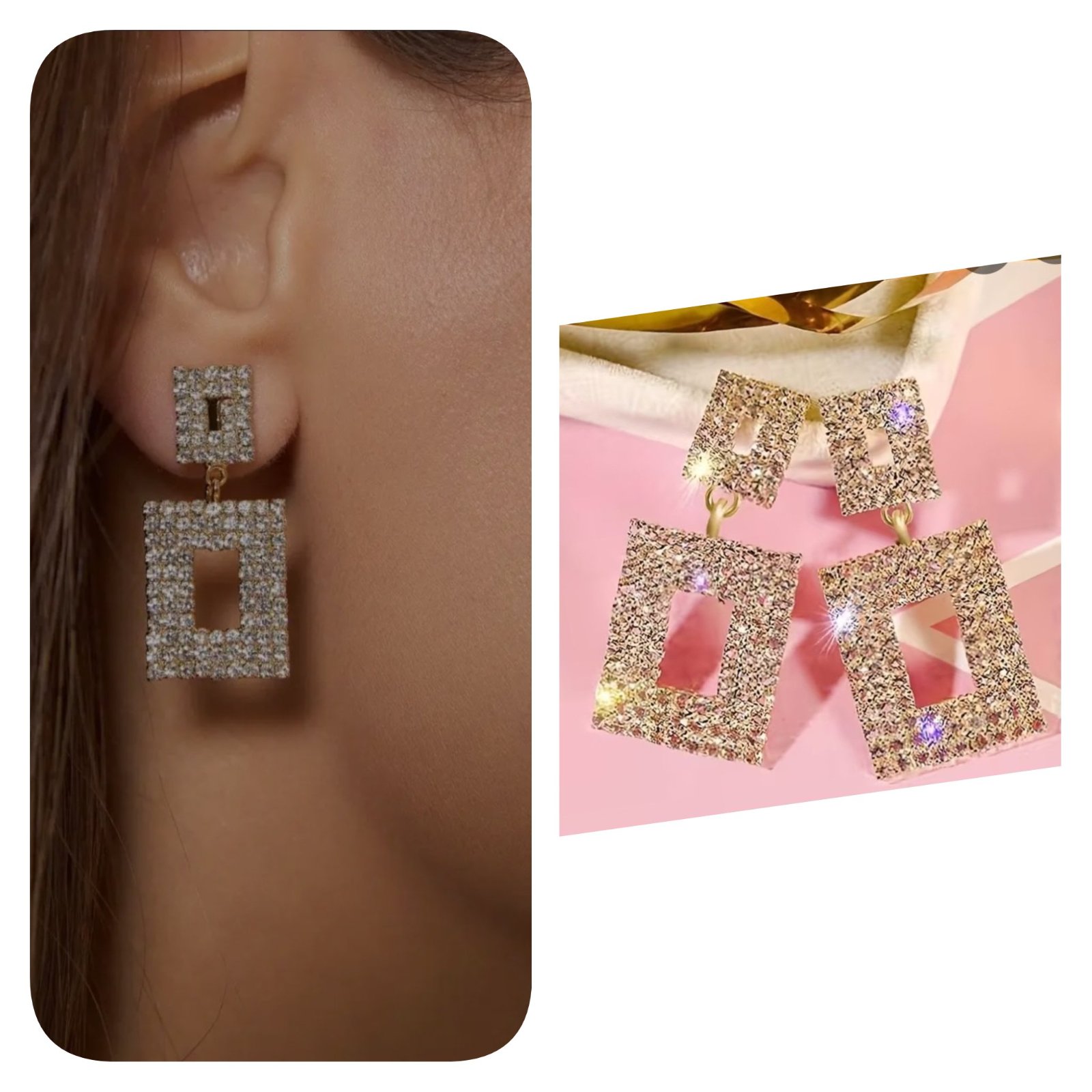 Subliiiiime❤️❤️❤️❤️❤️ boucles d oreilles fine en forme de carré à strasses brillants doré neuuuf 