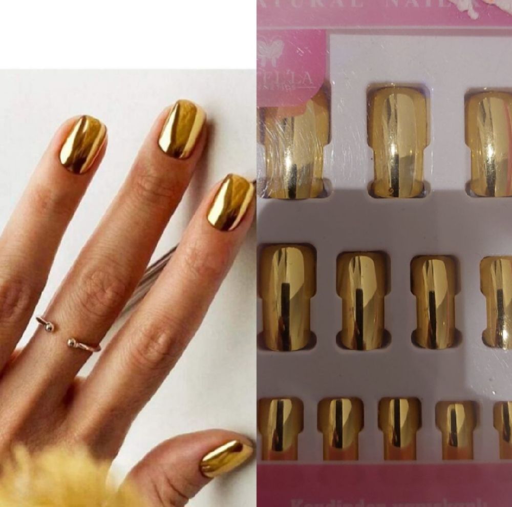 Sublime ❤️ ❤️ ❤️ 12 pièce de faux ongles doré pour les mains ✋️ avec patch et lime à ongle neuf 