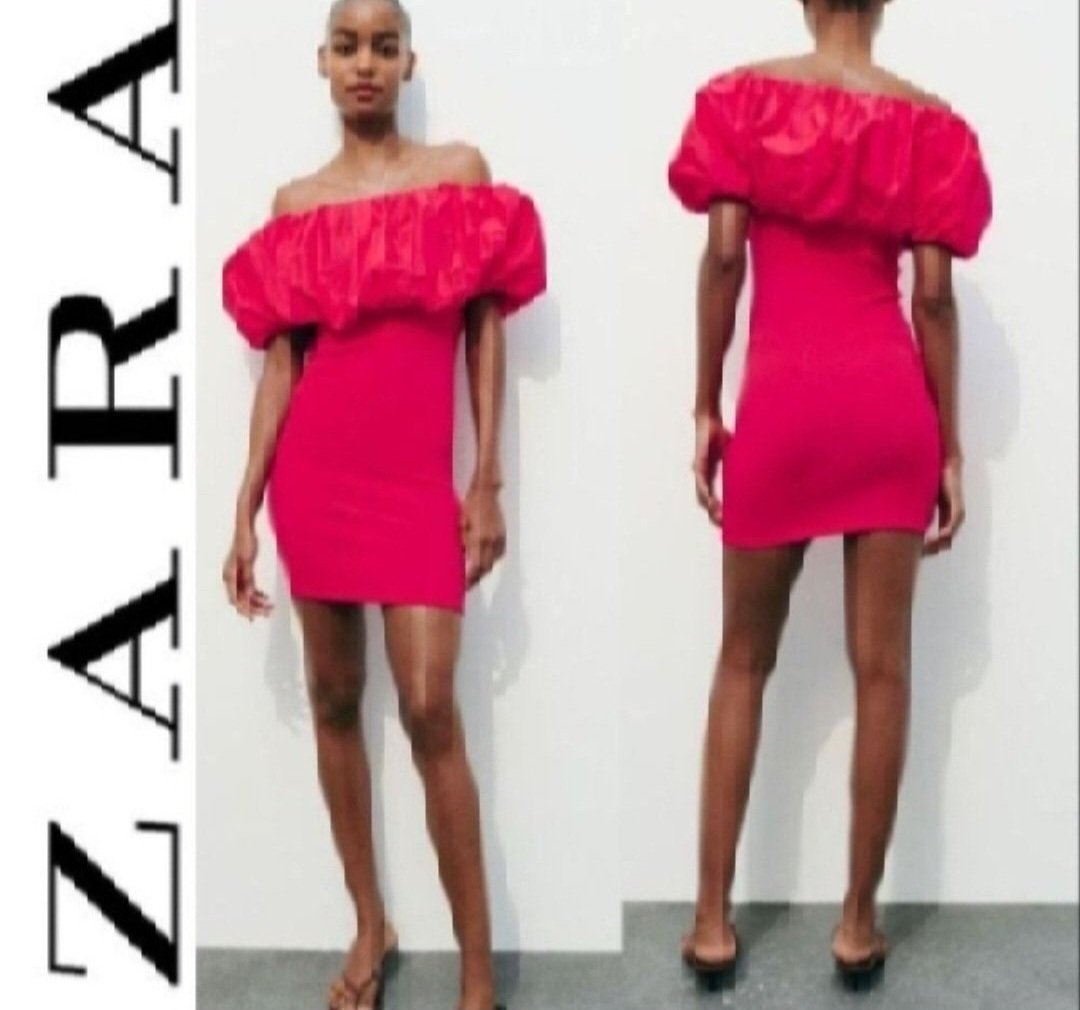 Subliiiiime ❤️❤️❤️❤️❤️robe moulante off shoulder poitrine bouffantes nouvelle collection de ZARA taille 40 neuve avec étiquette 🏷 couleur rose indien importé de PARIS 