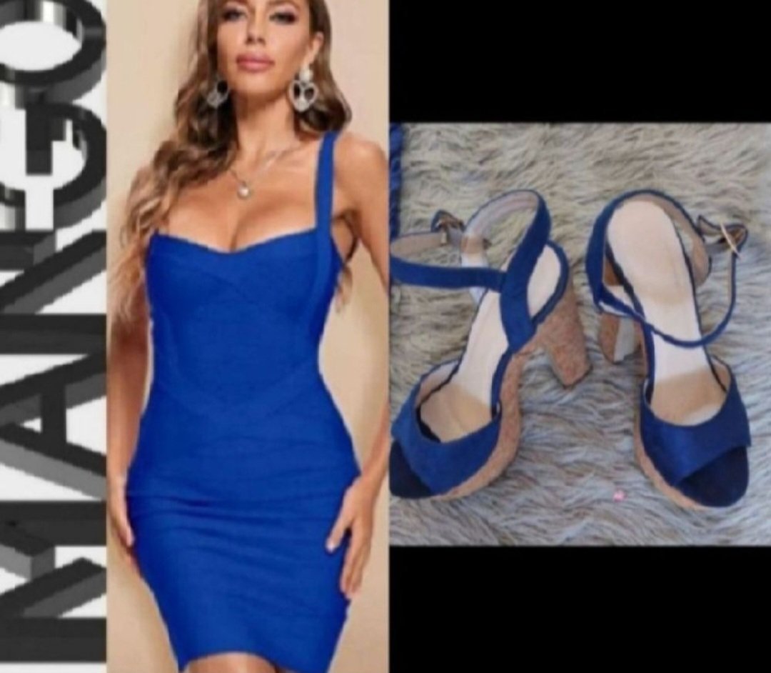 Forsa à ne pas rater subliiiiime ❤️❤️❤️❤️❤️❤️lot de 2 pièces ❤️robe chasuble drapée de MANGO le beau bleu taille 38 ❤️et sandale à talon très souple et confortable pointure 38 assorti