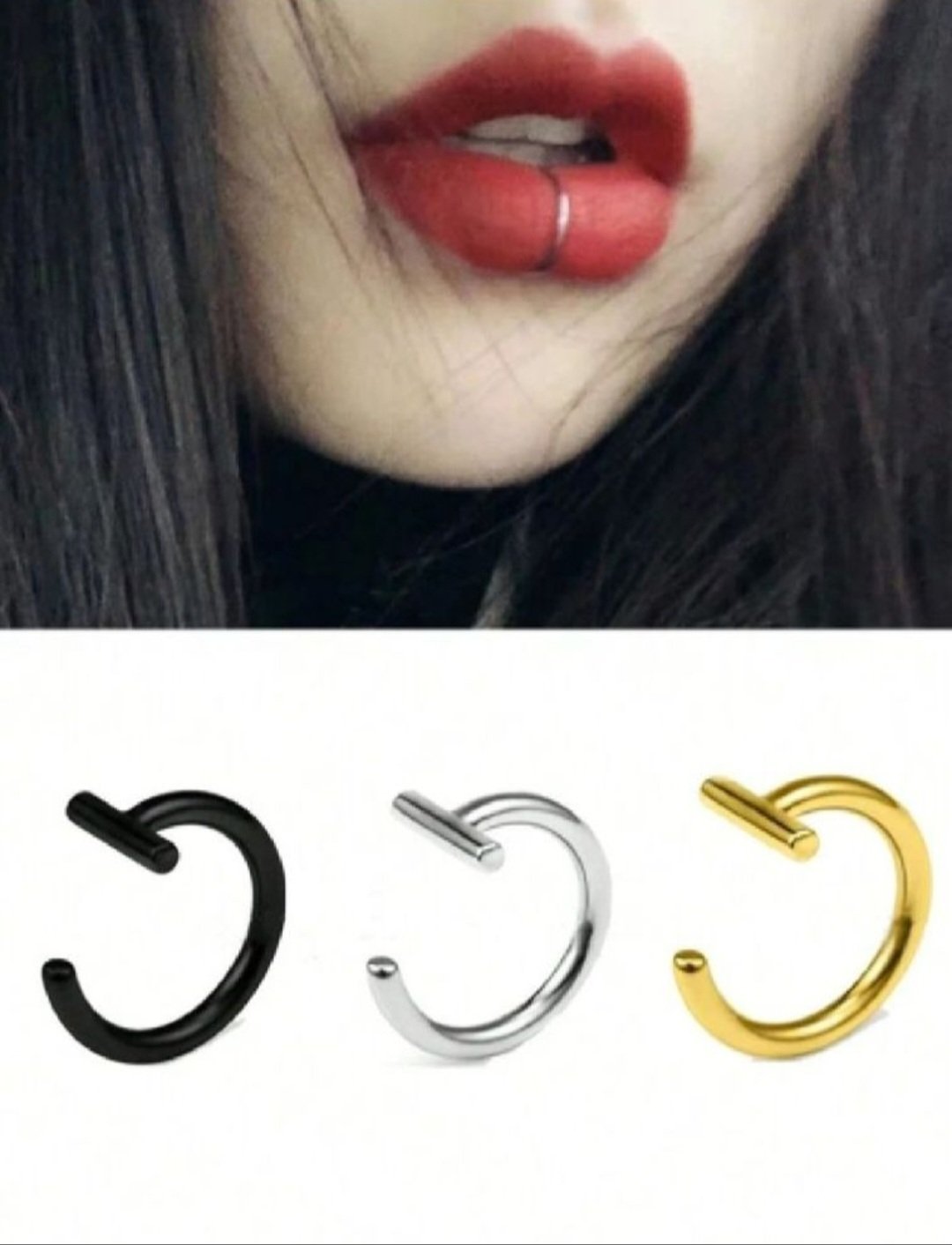 Subliiiiime ❤️❤️❤️lot de  3 percings demi anneaux pour levres non perforant❤️ doré❤️ argentés ❤️noir ❤️neuuuf 
