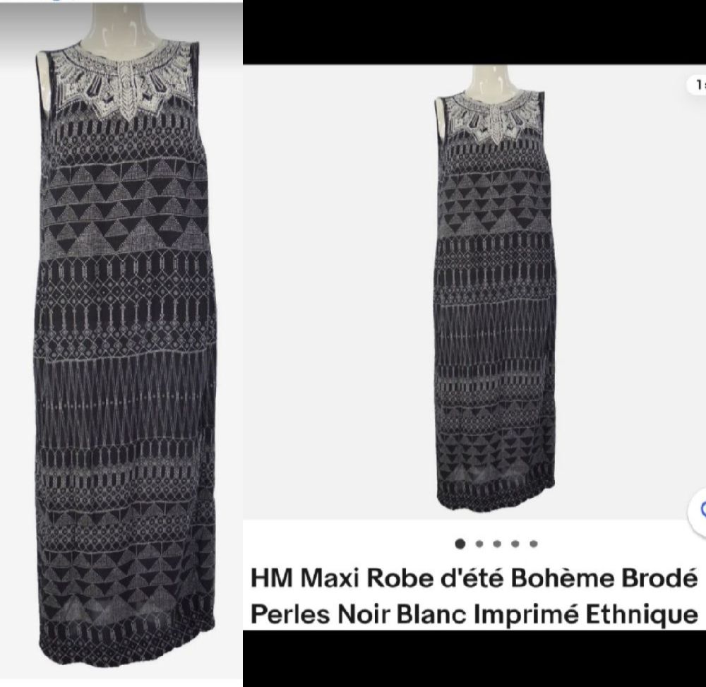 Subliiiiime ❤️ ❤️ ❤️ robe maxi d été avec 2 fentes sur les côtés bohème brodée perles noir blanc imprimé ethnique de H&M taille 36