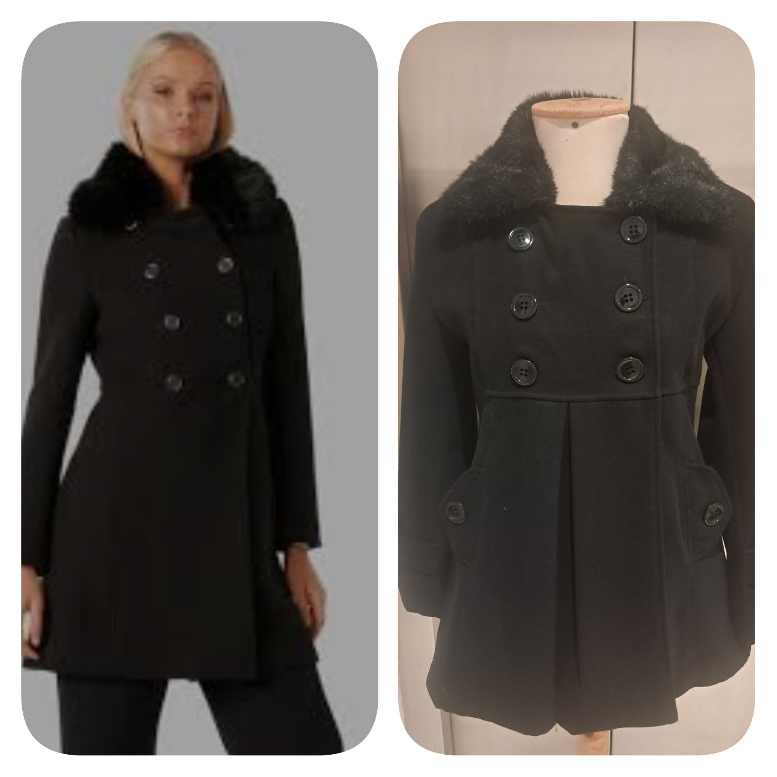 Subliiiiime❤️❤️❤️❤️ manteau3/4 évasée  30% en laine à col en fausse fourrure double boutonnage taille 38