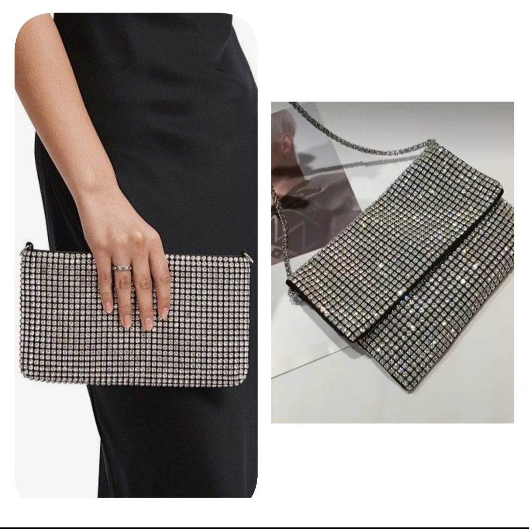 Subliiiiime ❤️❤️❤️❤️❤️2en1 pochette et sac à bandoulière à anse argentés en strasses brillants neuuuuf avec étiquette🏷 importé de PARIS de TEX