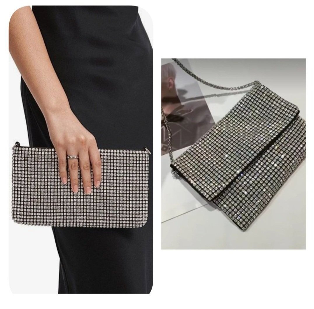 Subliiiiime ❤️❤️❤️❤️❤️2en1 pochette et sac à bandoulière à anse argentés en strasses saillants brillants neuuuuf avec étiquette🏷 importé de PARIS de TEX