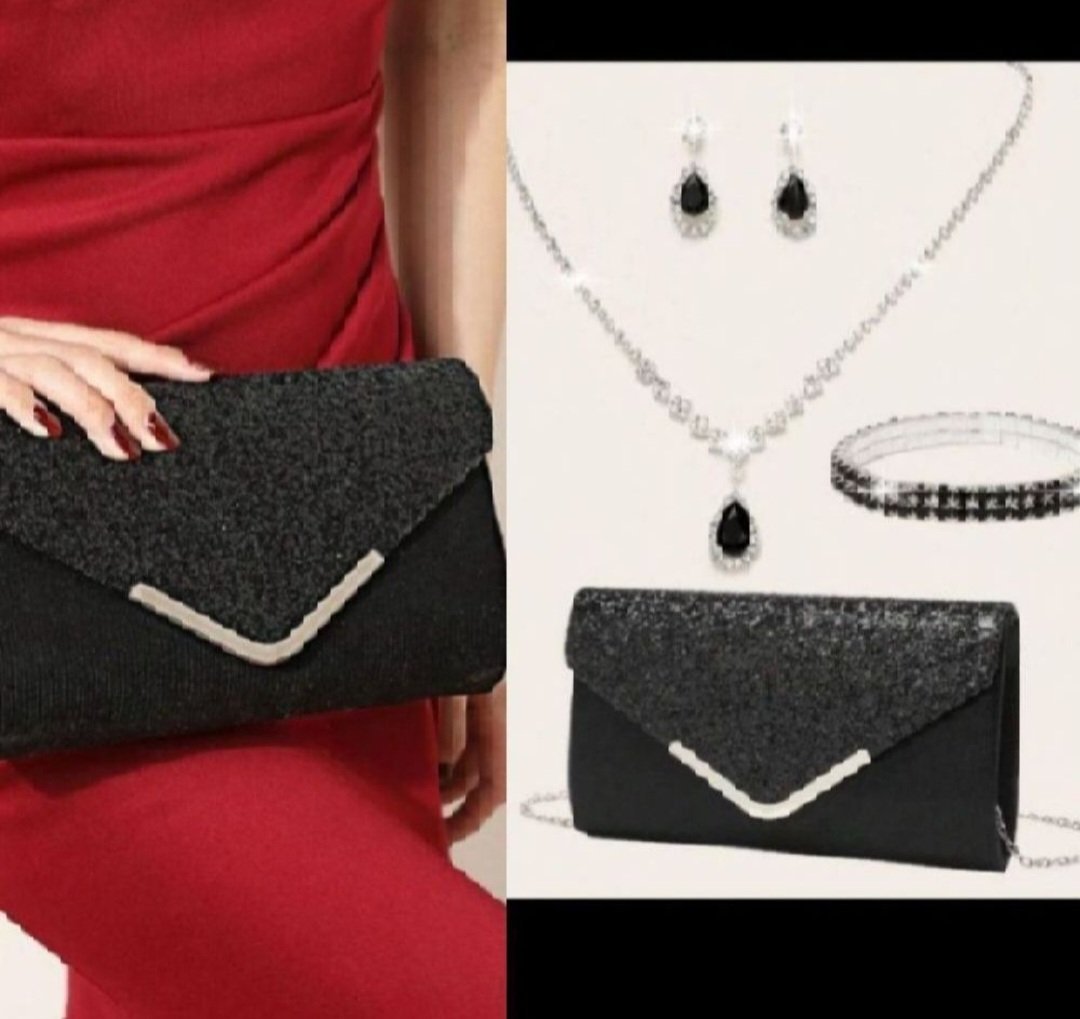 Subliiiiime ❤️❤️❤️❤️lot de 4 pièces de soirée❤️ sac 2en1 pochette et à bandoulière avec ❤️une parure composée de collier ❤️bracelet ❤️et boucles d'oreilles❤️ neuuuf 