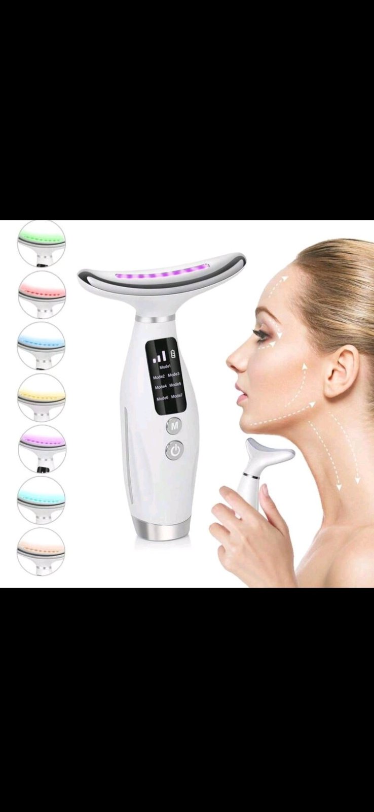 Très efficace par expérience subliiiiime❤️❤️❤️❤️❤️ masseur anti ride et soins de la peau du visage et cou contient 3 modes et 7 positions d éclairage chauffante  et chacune à un effet différent à l autre rechargeable par le cable USB neuuuf 