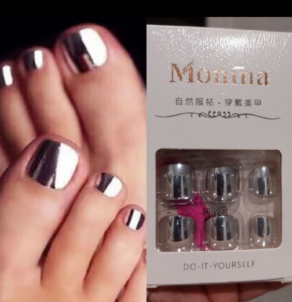 subliiiiime ❤️ ❤️ 24 pièces faux ongles pieds 👣 argent métallique miroitès avec patch et lime à ongle neuf 