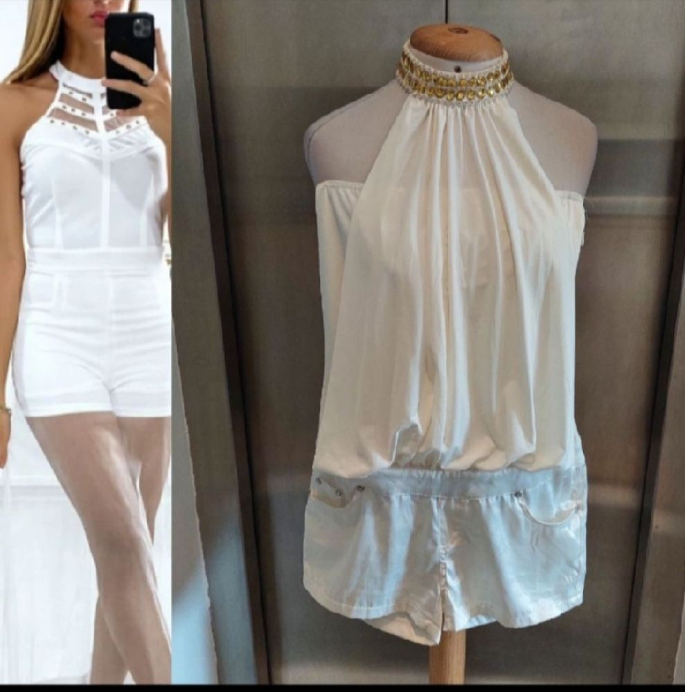 Subliiiiime❤️❤️❤️ combishort blanc le bas en satin et le haut en mousseline le cou en strasses et le short en satin taille 36/38