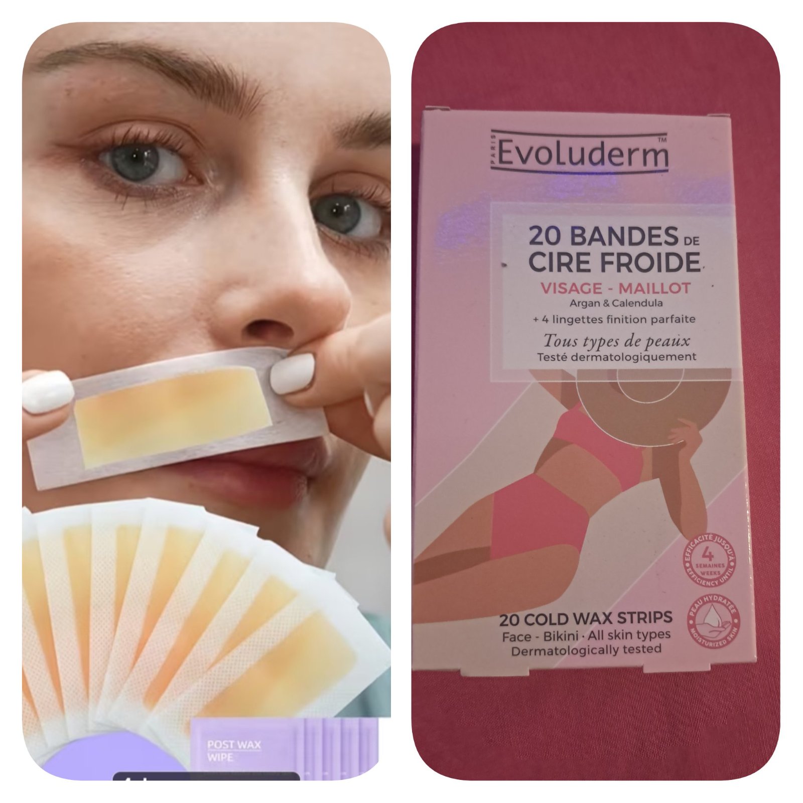 POUR ÉPILATION RAPIDE ❤️Très efficace et pratique par expérience Subliiiiime❤️❤️❤️❤️❤️ 20 bandes de cire froide visage et maillot pour tous types de peaux tester dermatologiquement et 4 lingettes neuuuf importé de PARIS 