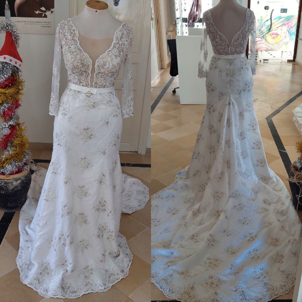 Subliiiiime ❤️ ❤️ ❤️ robe de mariée blanche avec traîne dentelles manche longue transparente avec voile 👰 taille 38