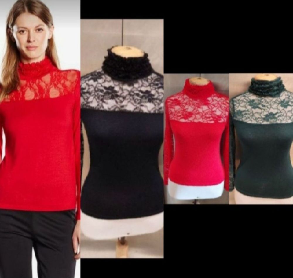 Subliiiiime ❤️ ❤️ ❤️ lot de 3 pulls chic à col montant manches et poitrine en dentelles couleur rouge/ noir /vert taille 36/38