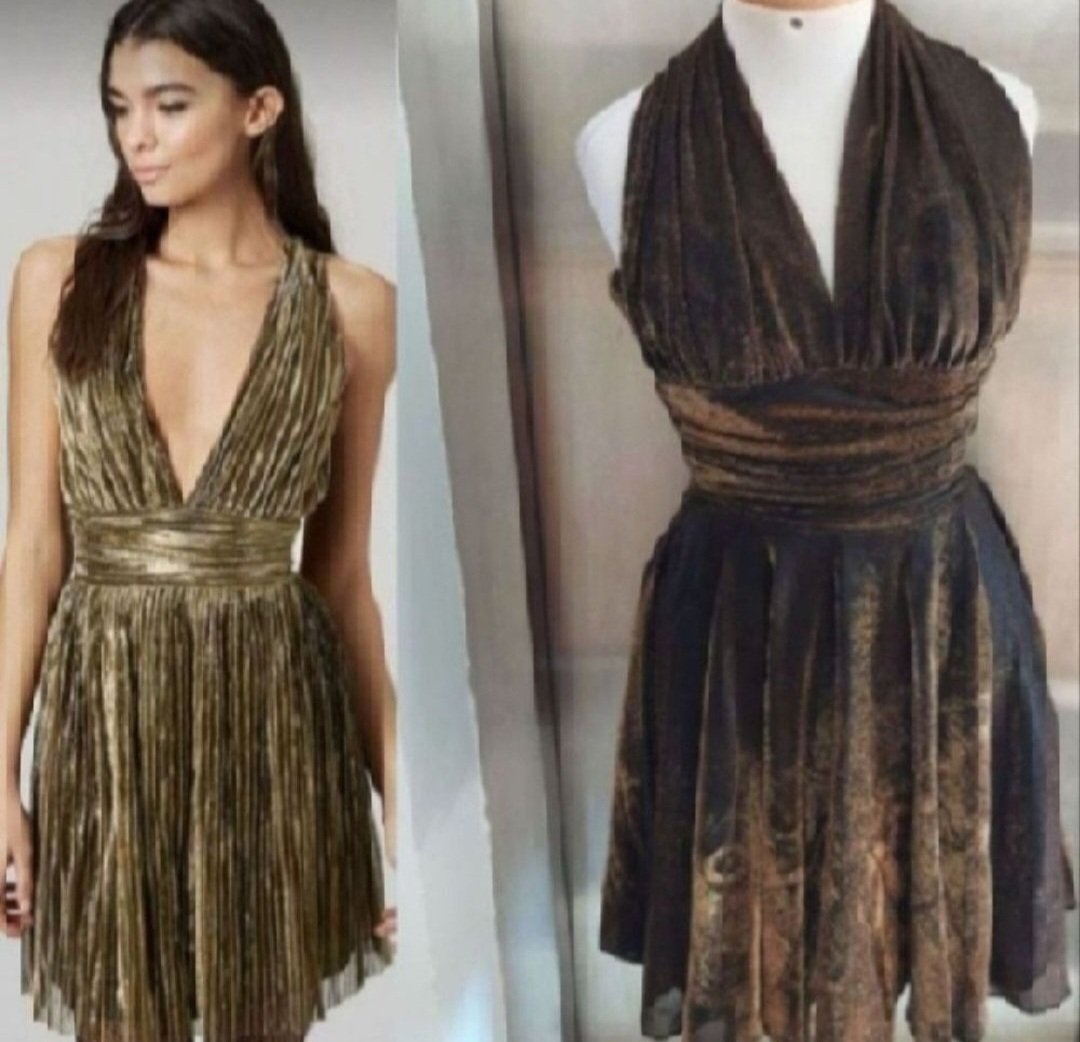Subliiiiime ❤️❤️❤️❤️robe plissée évasée de soirée légère décolleté en V  brun foncé doré taille 36 