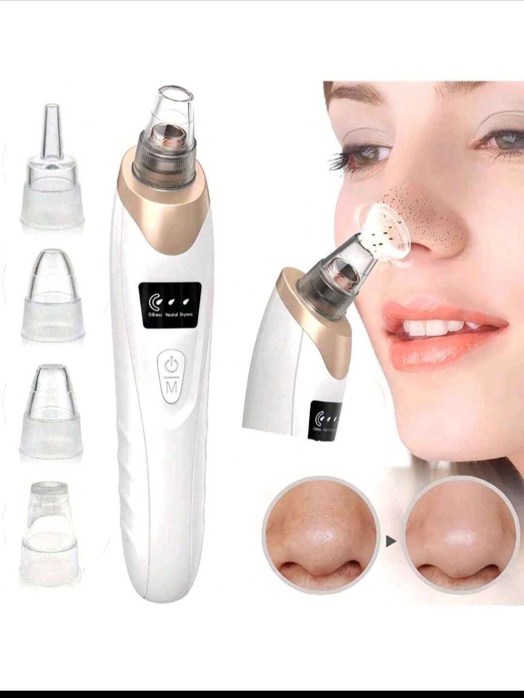 Tres efficace par expérience Subliiiiime❤️❤️❤️❤️ aspirateur de points noirs avec 5 tête d aspiration et 3 mode de vitesse d aspiration rechargeable par le cable USB neuuuf 