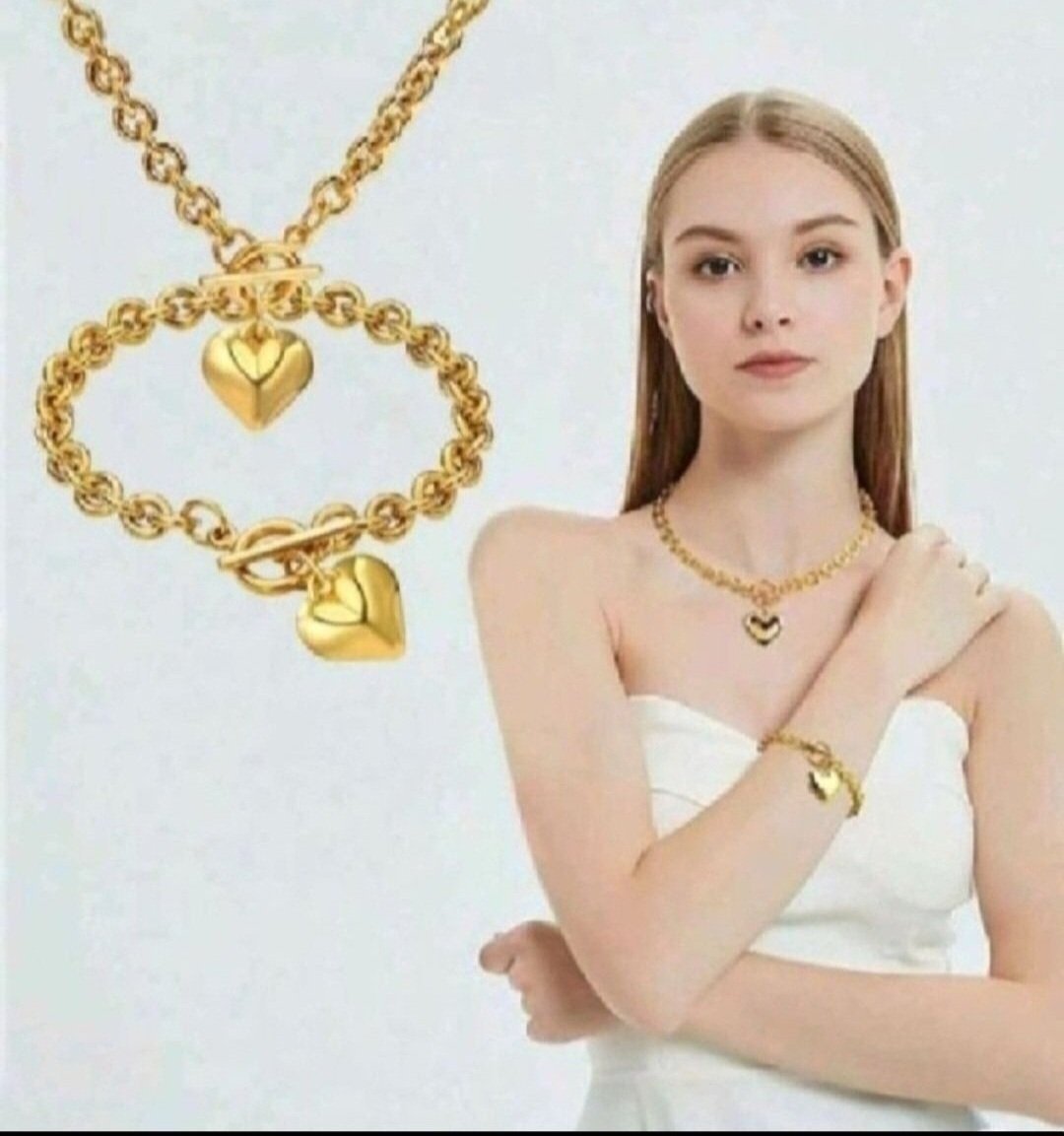 Subliiiiime❤️❤️❤️❤️❤️ 2 pièces collier et bracelet pendentif coeur en acier inoxydable doré neuuuf 