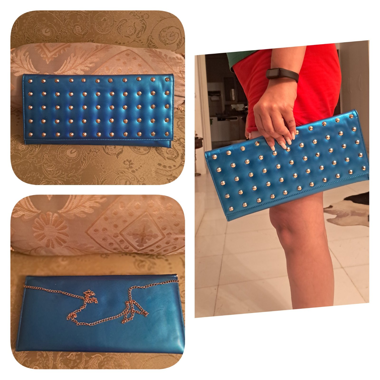 Subliiiiime❤️❤️❤️❤️❤️ 2en1 pochette et à bandoulière rectangulaire à anse doré avec détails doré turquoise 