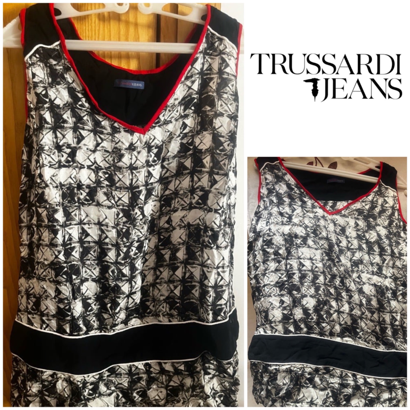 Beau  débardeur pour femme au motif géométrique noir et blanc, doté d'une bande noire à la taille et d'une bordure rouge au col.TRUSSARDI jeans