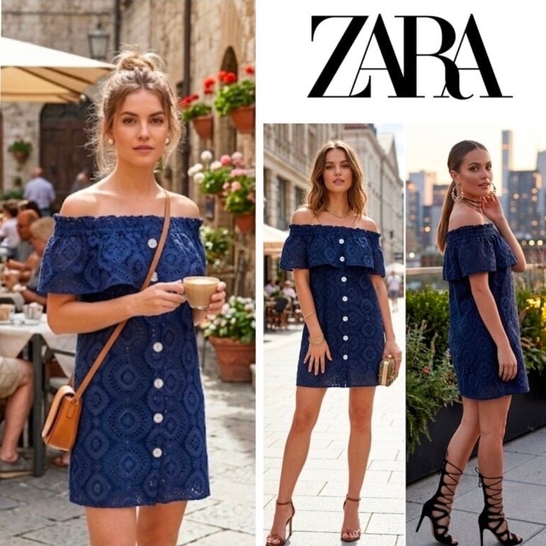 Mini robe Zara bleu marine avec un motif en dentelle, des épaules dénudées et des détails à volants