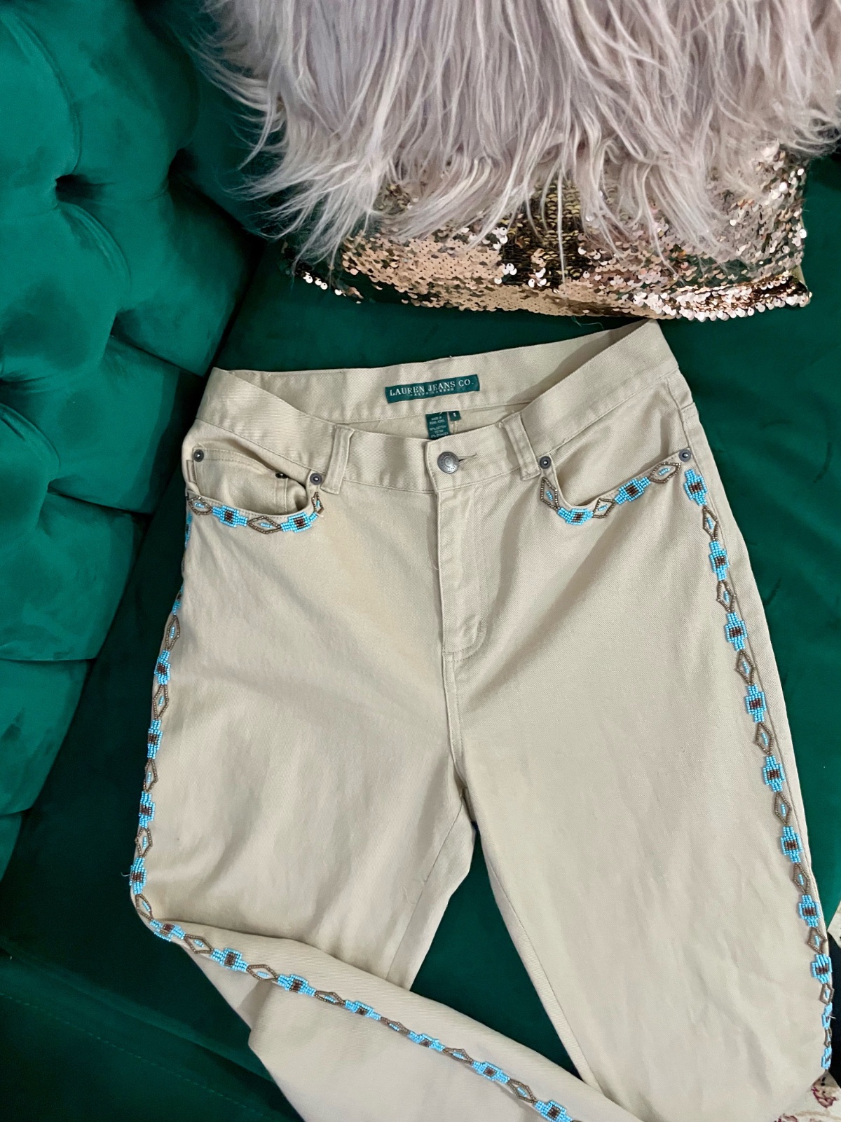 Jeans Lauren Ralph Lauren couleur beige ornés de détails perlés de style sud-ouest en turquoise et bronze