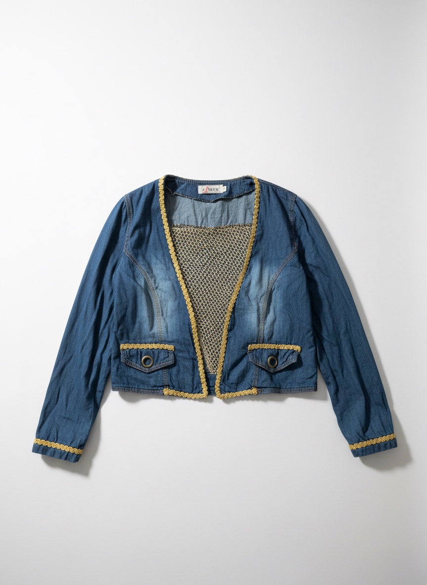 Veste en jean courte de marque Kiman se distingue par sa bordure en chaîne dorée et son empiècement en résille