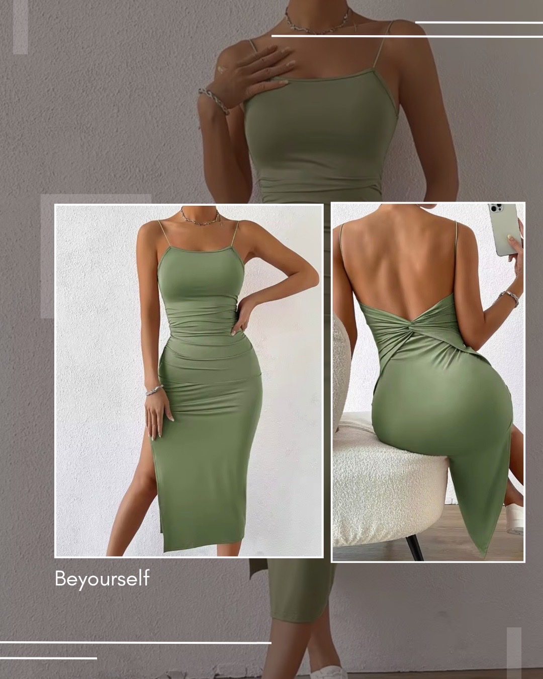 Superbe robe moulante froncée vert sauge - Dos nu, Fente,