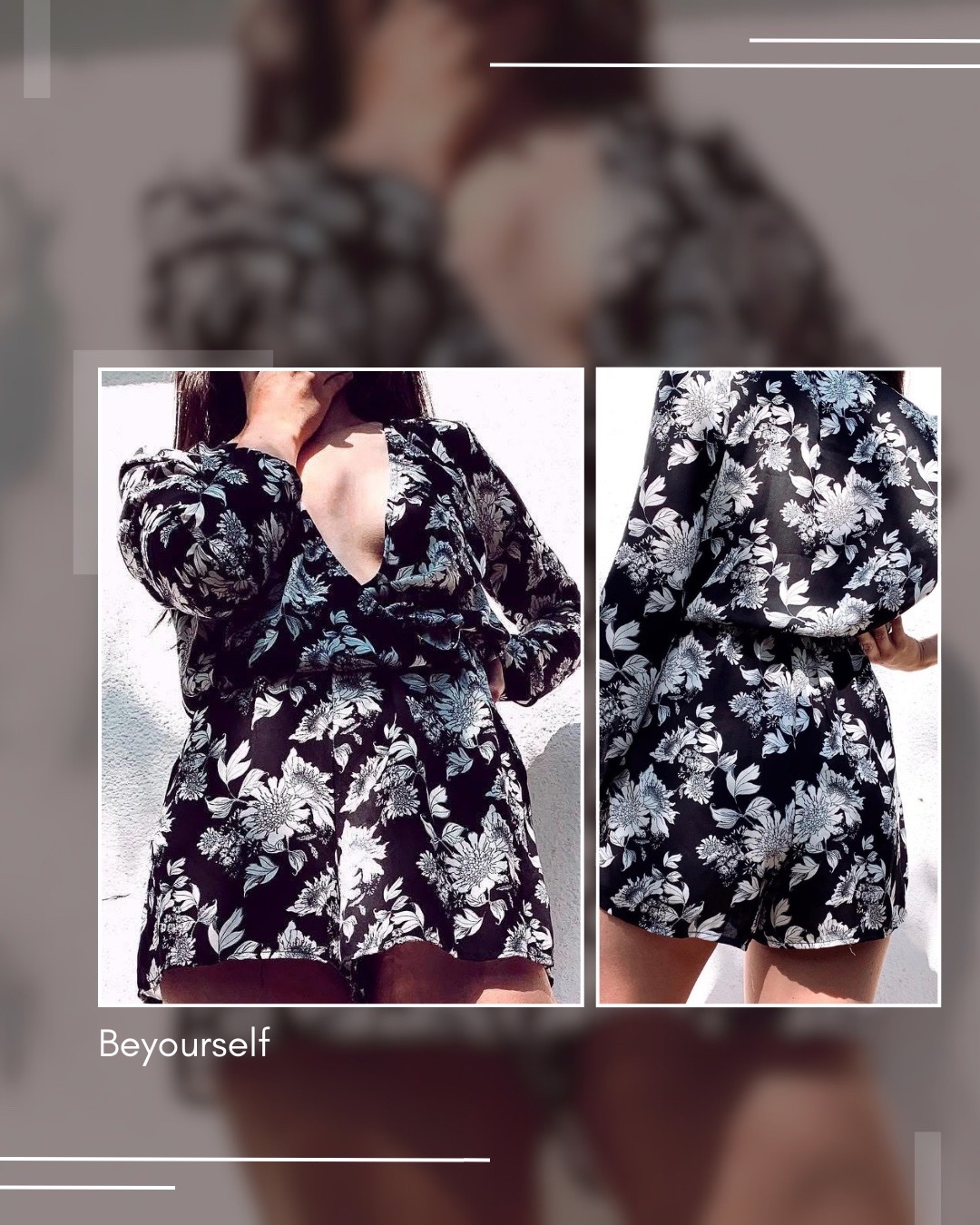 Combishort fluide noir et blanc à fleurs - Coupe cache-cœur