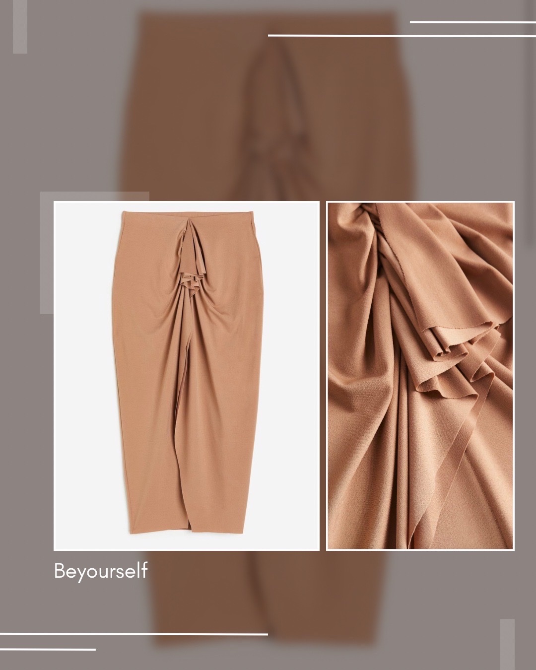 Jupe midi drapée marron taupe – Coupe tulipe