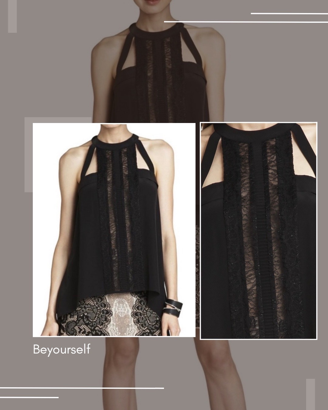 Top chic noir avec détails en dentelle - Col halter & découpes épaules