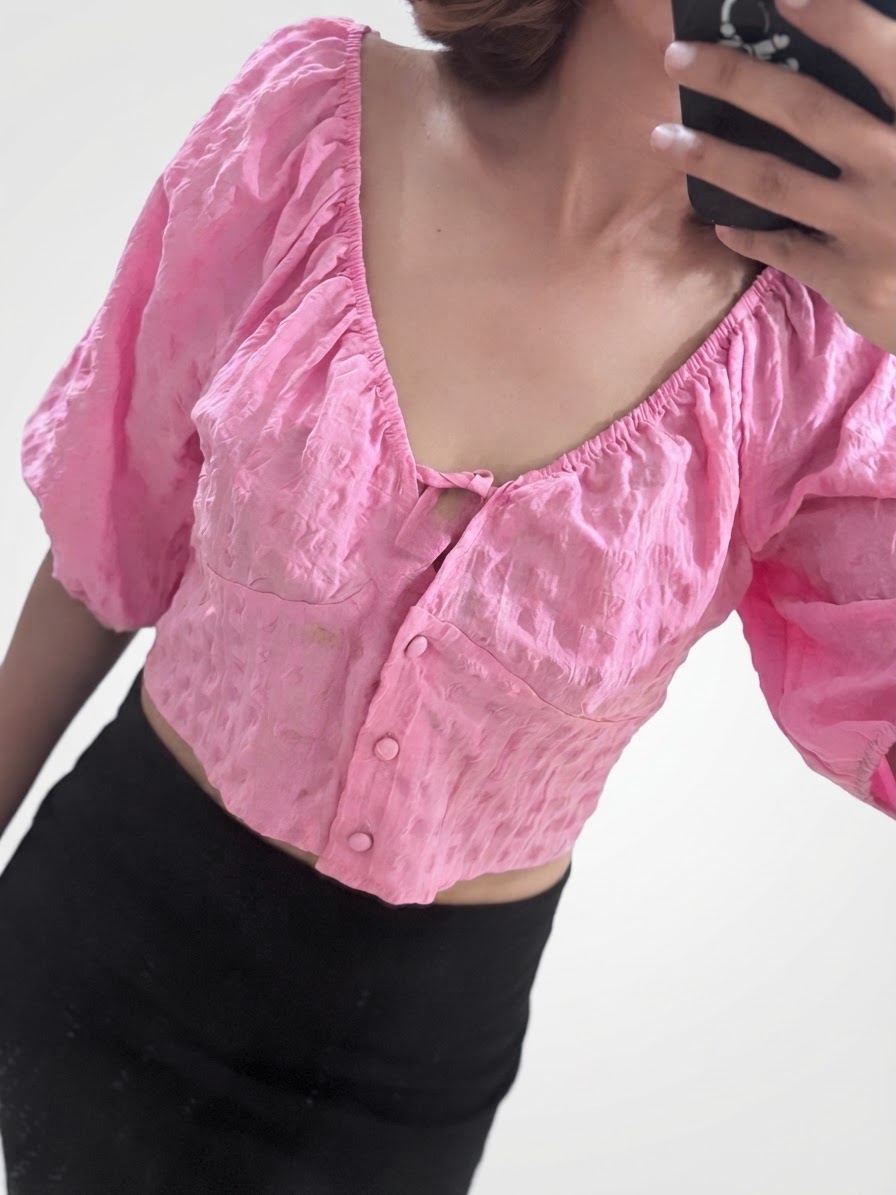 Haut crop top rose texturé manches bouffantes - Taille S
