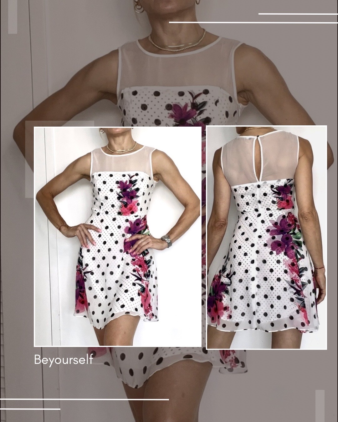 Robe patineuse blanche – Imprimé fleuri & Pois – Détails dentelle/voile