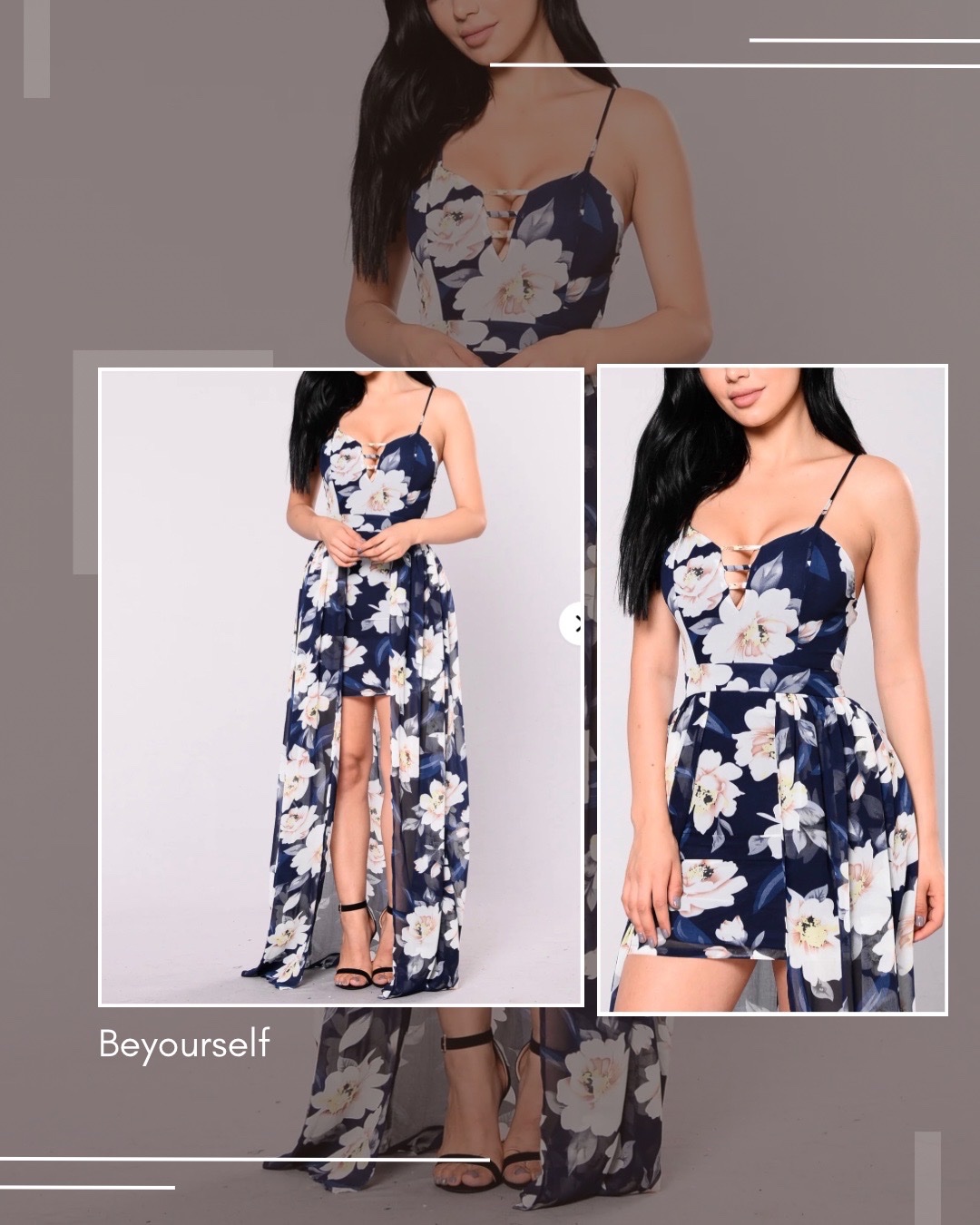 Robe Maxi Fleurie Bleue Marine & Blanche Fendue