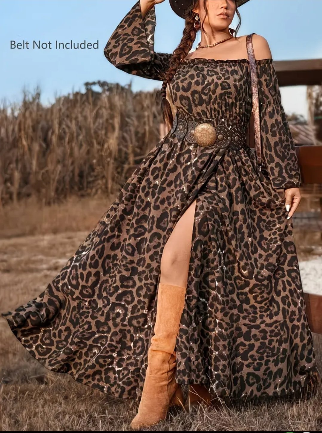 Robe décontractée  directionnelle à imprimé léopard, coupe évasée A, nouée devant, ourlet plissé et fente haute, style bohème automne-hiver, robe de plage, robe d'été, tenue de vacances bohème, ceinture non incluse