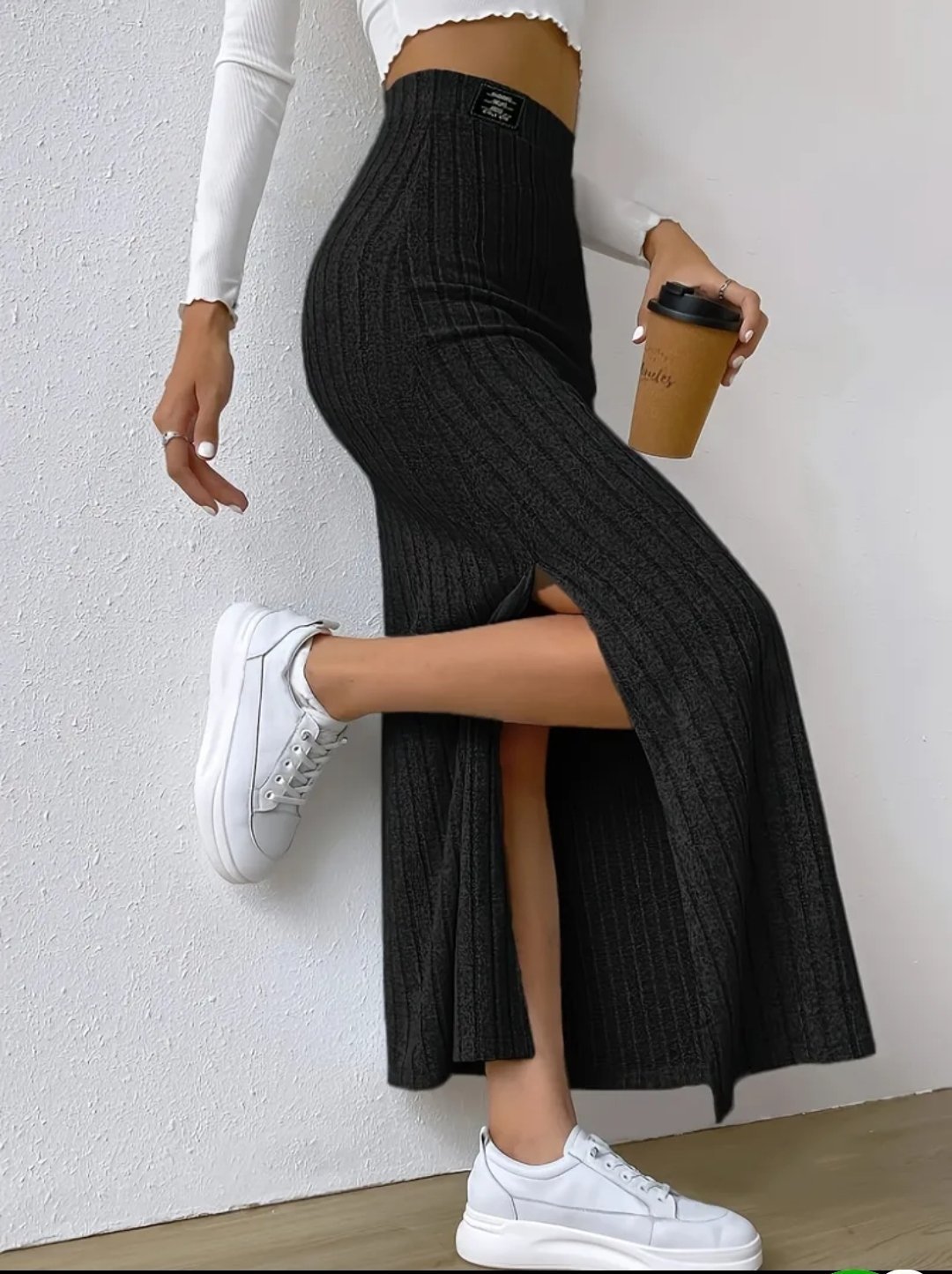 Jupe fendue taille haute pour femme, couleur unie avec patch lettre, tissu tricoté décontracté, polyester, mode printemps/automne, jupe longue pour dames