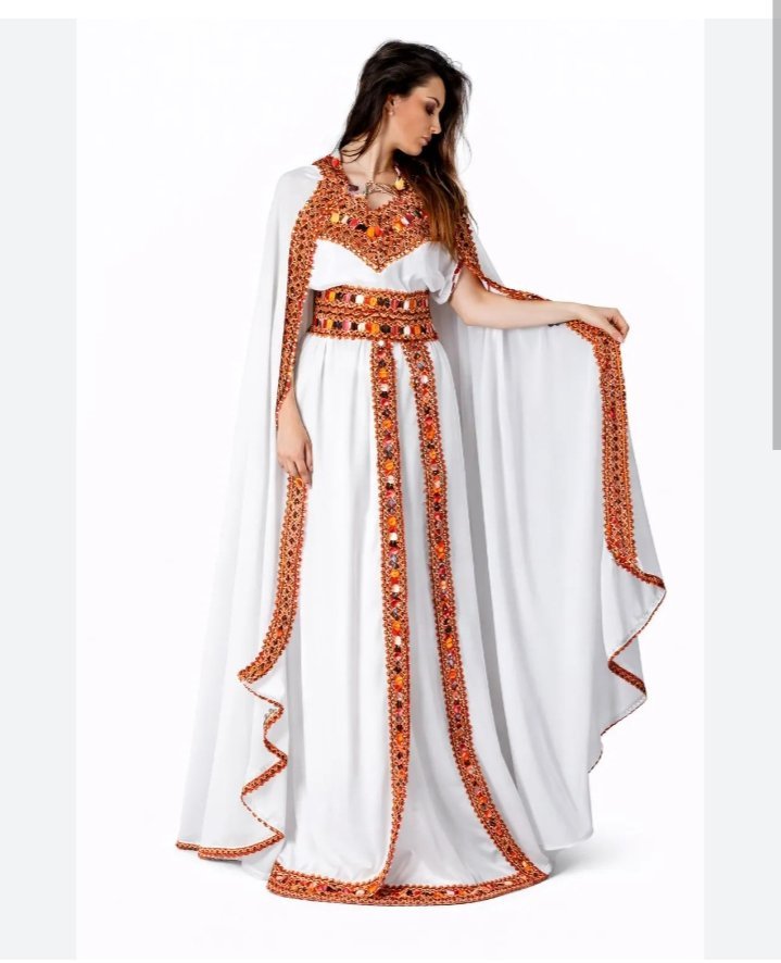 Caftan 3 pièces blanc cassé et multicolores
