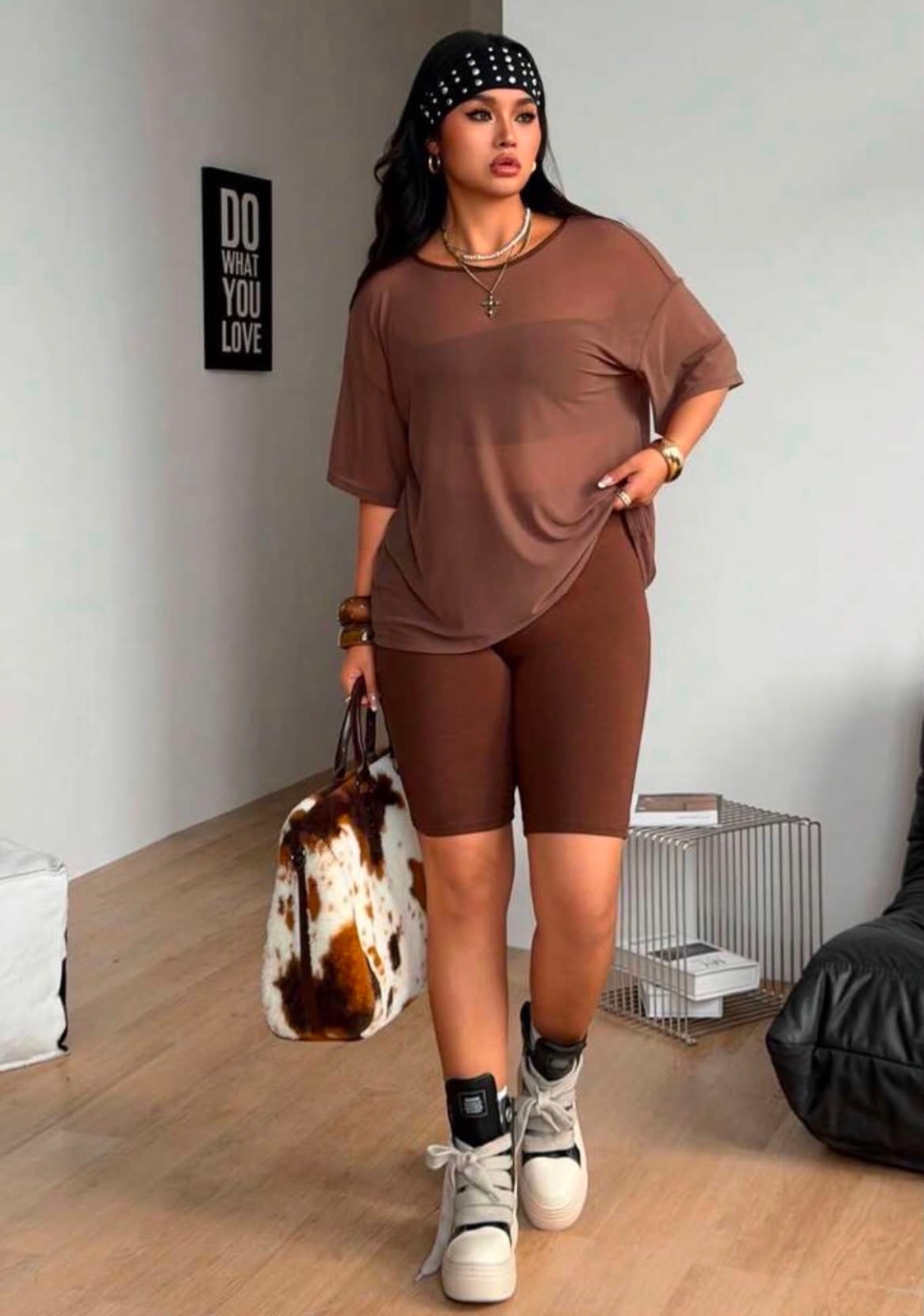 Ensemble Femme Marron Oversize 2 Pièces – T-shirt & Short Cycliste – Style Casual Chic